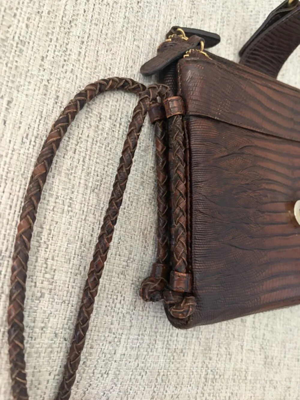 Vintage Brahmin Mojito Braided Strap Crossbody Reptile Embossed Leather Dk Brown - Picture 6 of 14
